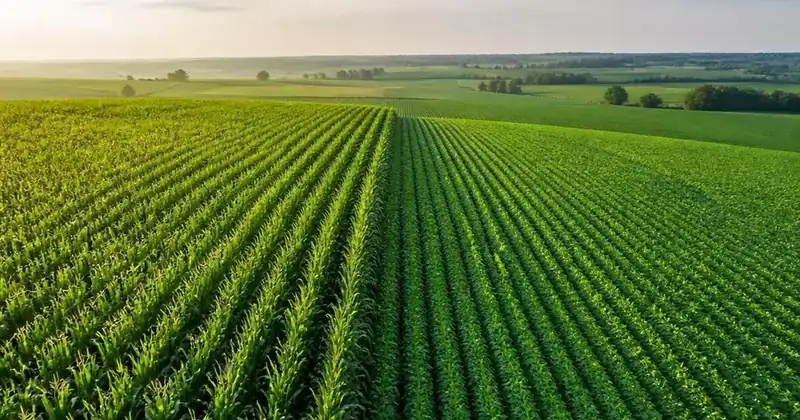 Aerial view of lush green agricultural fields showing rows of corn and soybeans